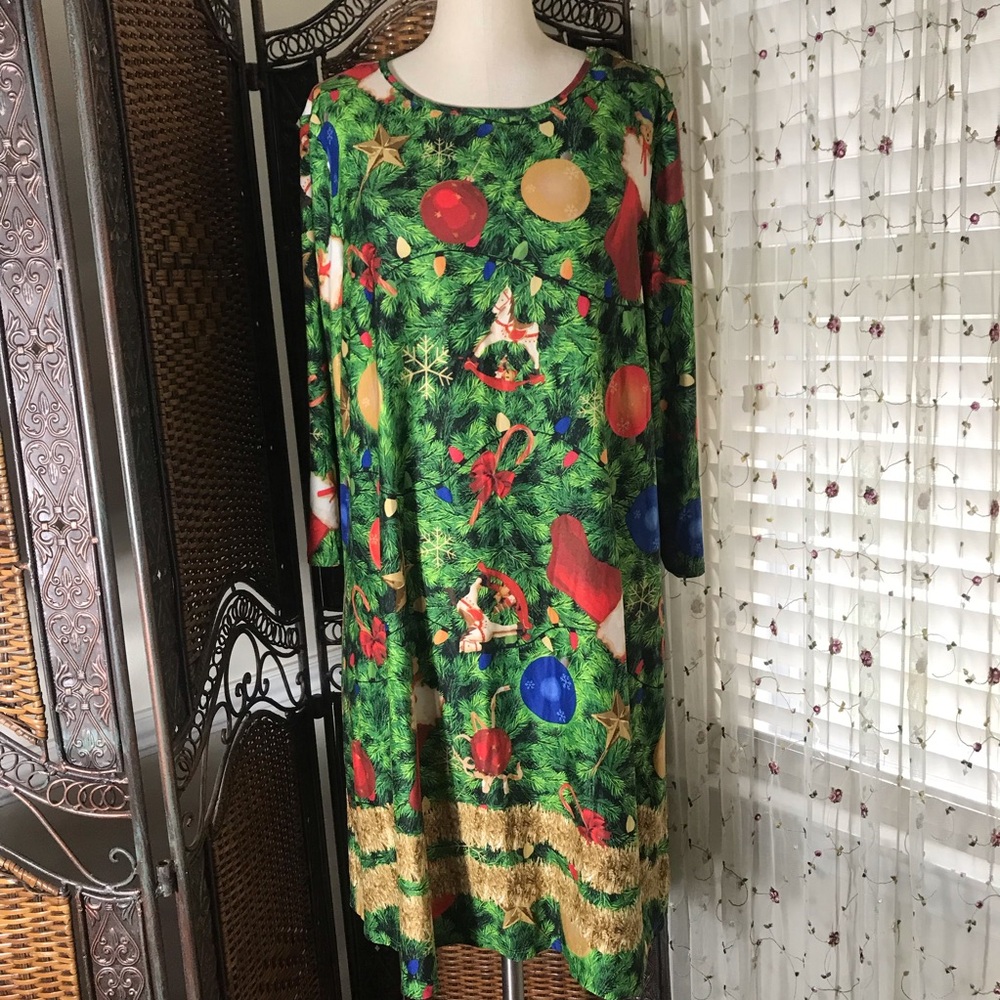 Holiday Green Long Sleeve Ornament Print Dress